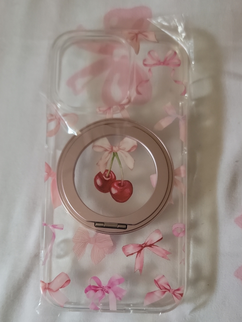 IPHONE 14 PRO- Pink Cherry Bow Clear Phone Case with Rose Gold Ring Holder
